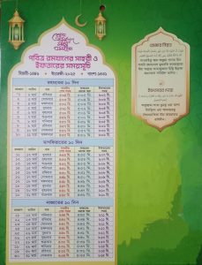 Differences in Sehri and Iftar times in different districts of Bangladesh