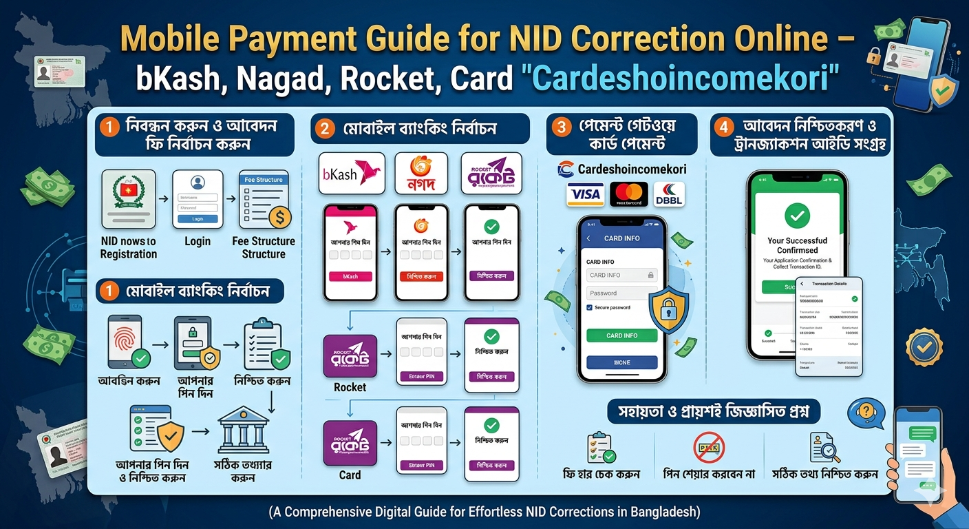 Mobile Payment Guide for NID Correction Online – bKash, Nagad, Rocket, Card