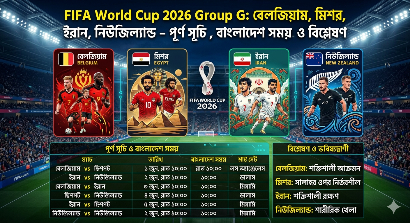 FIFA World Cup 2026 Group G: Belgium, Egypt, Iran, New Zealand – পূর্ণ সূচি, বাংলাদেশ সময় ও বিশ্লেষণ