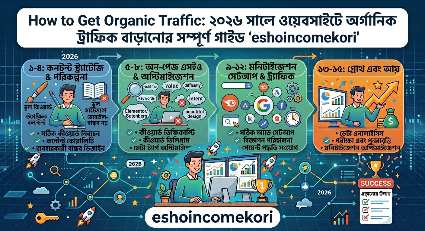How to Get Organic Traffic: ২০২৬ সালে ওয়েবসাইটে অর্গানিক ট্রাফিক বাড়ানোর সম্পূর্ণ গাইডHow to Get Organic Traffic: SEO ও কনটেন্টের মাধ্যমে ফ্রি ট্রাফিক পাওয়ার সম্পূর্ণ গাইড