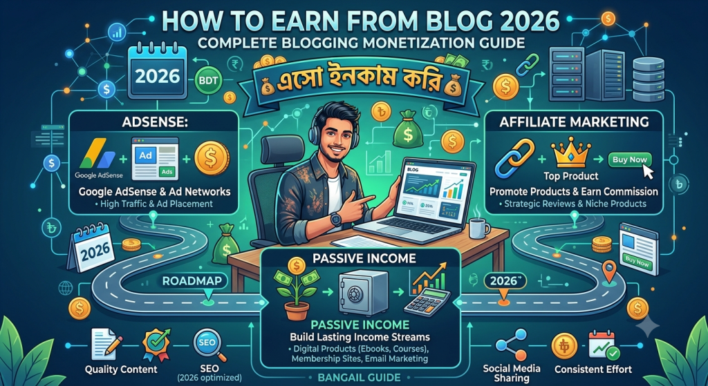 How to Earn from Blog 2026: Complete Blogging Monetization Guide (AdSense, Affiliate & Passive Income) (Bangla)