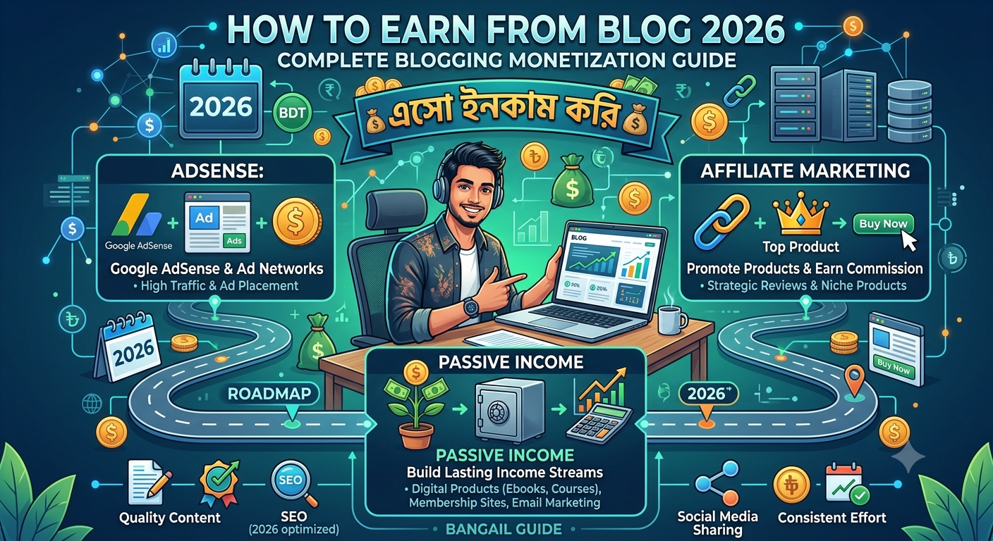 How to Earn from Blog 2026: Complete Blogging Monetization Guide (AdSense, Affiliate & Passive Income) (Bangla)