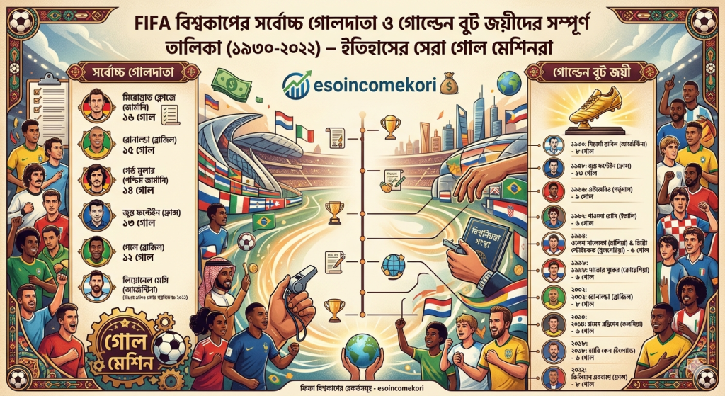 FIFA বিশ্বকাপের সর্বোচ্চ গোলদাতা ও গোল্ডেন বুট জয়ীদের সম্পূর্ণ তালিকা (১৯৩০-২০২২) – ইতিহাসের সেরা গোল মেশিনরাFIFA বিশ্বকাপের সর্বোচ্চ গোলদাতা ও গোল্ডেন বুট জয়ীদের সম্পূর্ণ তালিকা (১৯৩০-২০২২) – ইতিহাসের সেরা গোল মেশিনরা