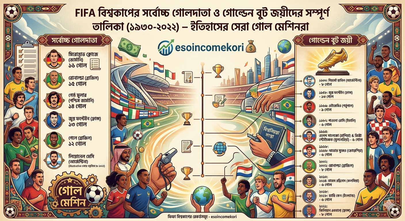 FIFA বিশ্বকাপের সর্বোচ্চ গোলদাতা ও গোল্ডেন বুট জয়ীদের সম্পূর্ণ তালিকা (১৯৩০-২০২২) – ইতিহাসের সেরা গোল মেশিনরাFIFA বিশ্বকাপের সর্বোচ্চ গোলদাতা ও গোল্ডেন বুট জয়ীদের সম্পূর্ণ তালিকা (১৯৩০-২০২২) – ইতিহাসের সেরা গোল মেশিনরা