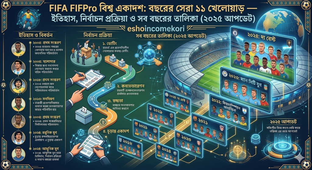 FIFA FIFPro বিশ্ব একাদশ: বছরের সেরা ১১ খেলোয়াড় – ইতিহাস, নির্বাচন প্রক্রিয়া ও সব বছরের তালিকা (২০২৫ আপডেট)