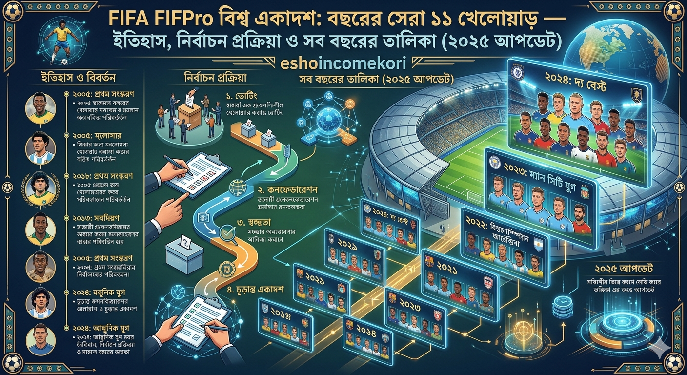 FIFA FIFPro বিশ্ব একাদশ: বছরের সেরা ১১ খেলোয়াড় – ইতিহাস, নির্বাচন প্রক্রিয়া ও সব বছরের তালিকা (২০২৫ আপডেট)