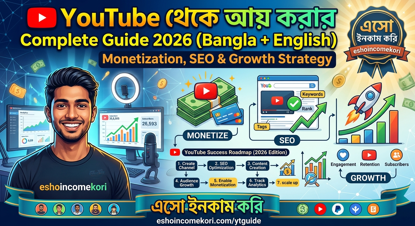 YouTube থেকে আয় করার Complete Guide 2026 (Bangla + English): Monetization, SEO & Growth Strategy