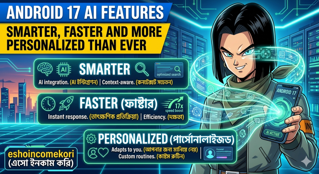 Android 17-এর নতুন AI Features, Smart Suggestions, Battery Optimization, Performance Management এবং Personalized Experience সম্পর্কে বিস্তারিত জানুন।