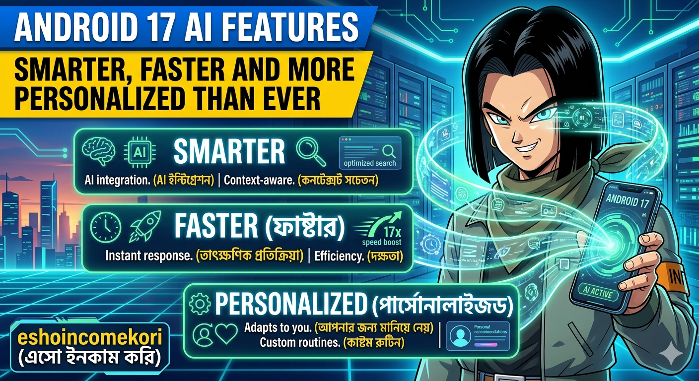 Android 17-এর নতুন AI Features, Smart Suggestions, Battery Optimization, Performance Management এবং Personalized Experience সম্পর্কে বিস্তারিত জানুন।