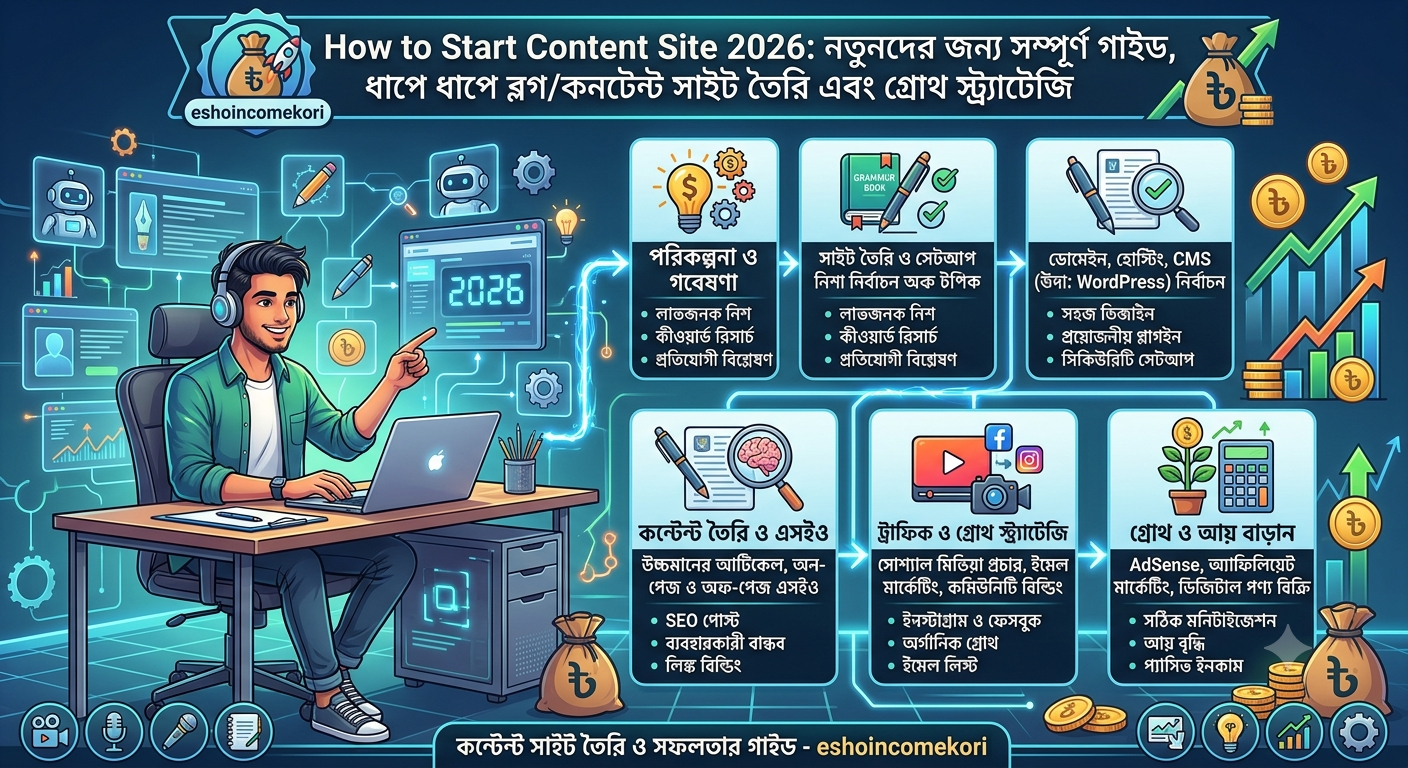 How to Start Content Site 2026: নতুনদের জন্য সম্পূর্ণ গাইড, ধাপে ধাপে ব্লগ/কনটেন্ট সাইট তৈরি এবং গ্রোথ স্ট্র্যাটেজি