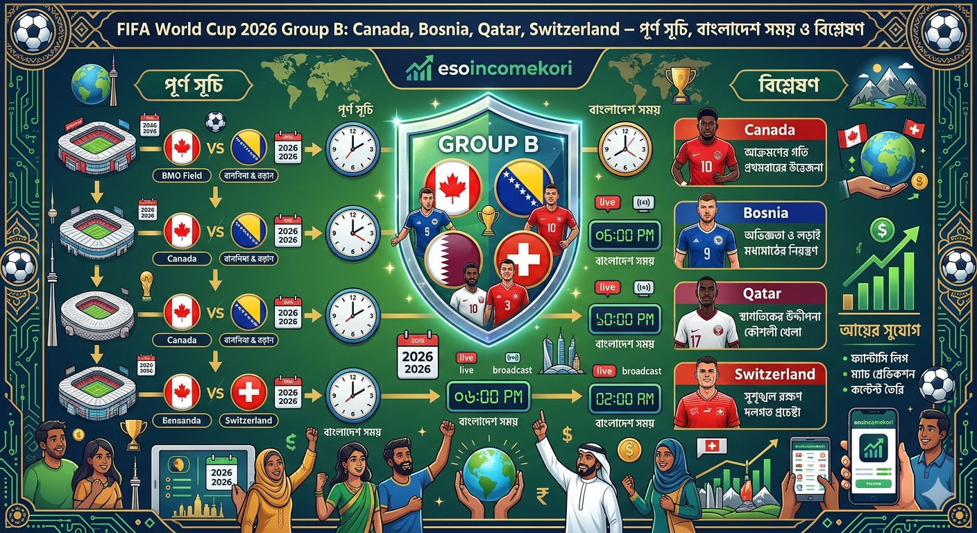  FIFA World Cup 2026 Group B: Canada, Bosnia, Qatar, Switzerland – পূর্ণ সূচি, বাংলাদেশ সময় ও বিশ্লেষণ