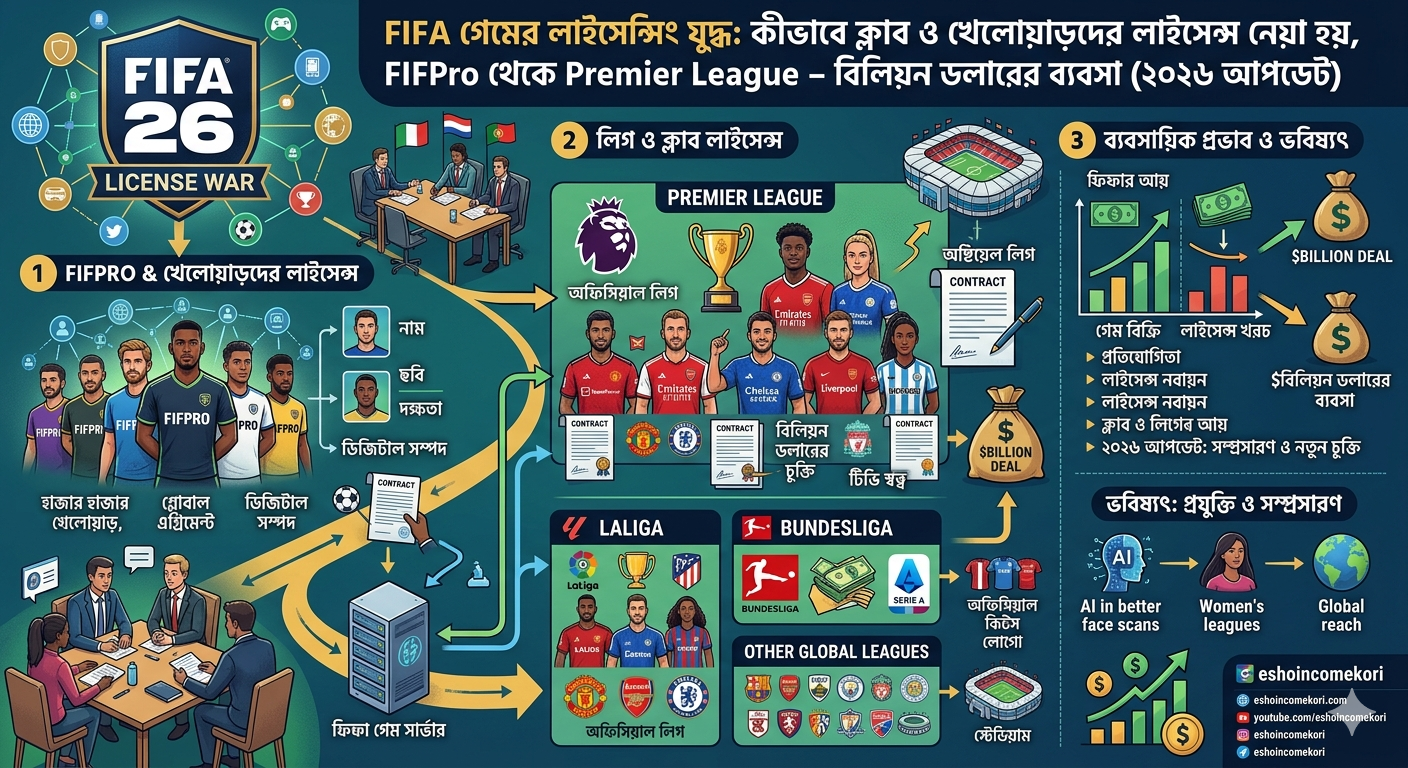 FIFA গেমের লাইসেন্সিং যুদ্ধ: কীভাবে ক্লাব ও খেলোয়াড়দের লাইসেন্স নেয়া হয়, FIFPro থেকে Premier League – বিলিয়ন ডলারের ব্যবসা (২০২৬ আপডেট)