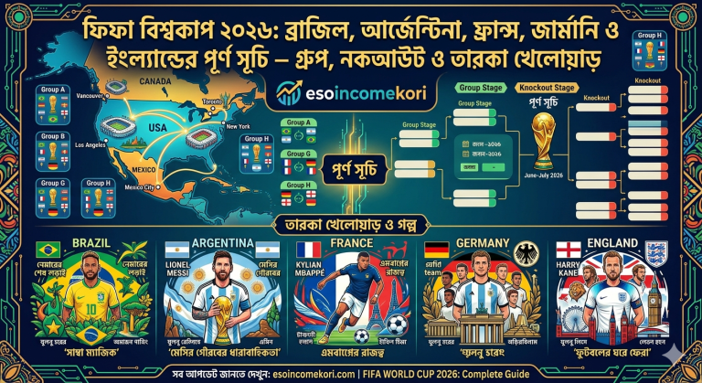 FIFA World Cup 2026: ব্রাজিল, আর্জেন্টিনা, ফ্রান্স, জার্মানি ও ইংল্যান্ডের পূর্ণ সূচি – গ্রুপ, নকআউট ও তারকা খেলোয়াড়