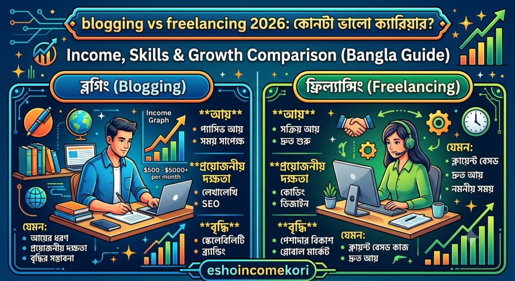 Blogging vs Freelancing 2026: কোনটা ভালো ক্যারিয়ার? Income, Skills & Growth Comparison (Bangla Guide)