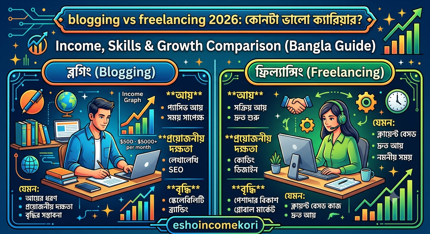 Blogging vs Freelancing 2026: কোনটা ভালো ক্যারিয়ার? Income, Skills & Growth Comparison (Bangla Guide)