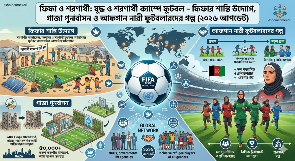 FIFA ও শরণার্থী: যুদ্ধ ও শরণার্থী ক্যাম্পে ফুটবল – ফিফার শান্তি উদ্যোগ, গাজা পুনর্বাসন ও আফগান নারী ফুটবলারদের গল্প (২০২৬ আপডেট)