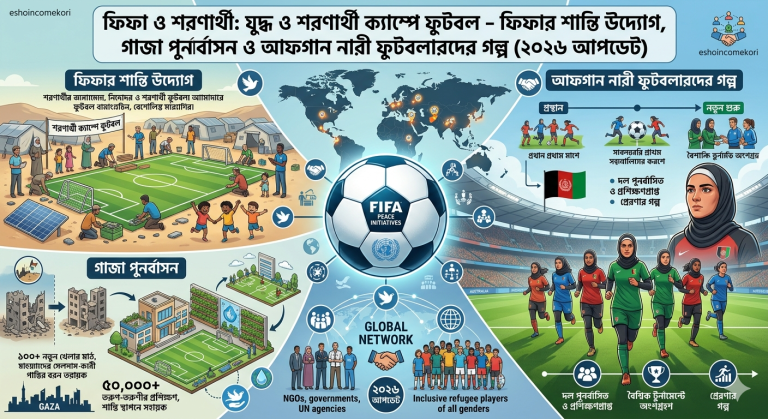 FIFA ও শরণার্থী: যুদ্ধ ও শরণার্থী ক্যাম্পে ফুটবল – ফিফার শান্তি উদ্যোগ, গাজা পুনর্বাসন ও আফগান নারী ফুটবলারদের গল্প (২০২৬ আপডেট)