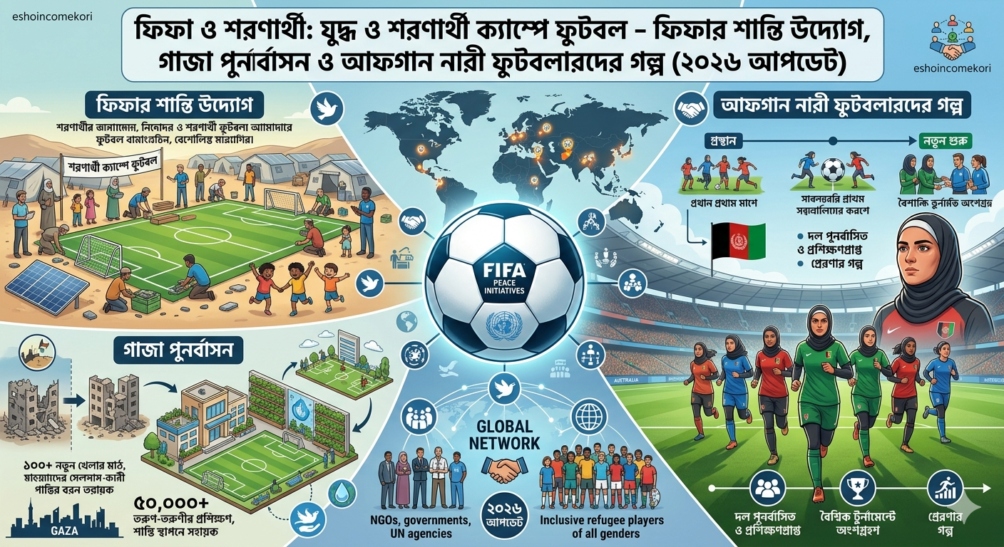 FIFA ও শরণার্থী: যুদ্ধ ও শরণার্থী ক্যাম্পে ফুটবল – ফিফার শান্তি উদ্যোগ, গাজা পুনর্বাসন ও আফগান নারী ফুটবলারদের গল্প (২০২৬ আপডেট)