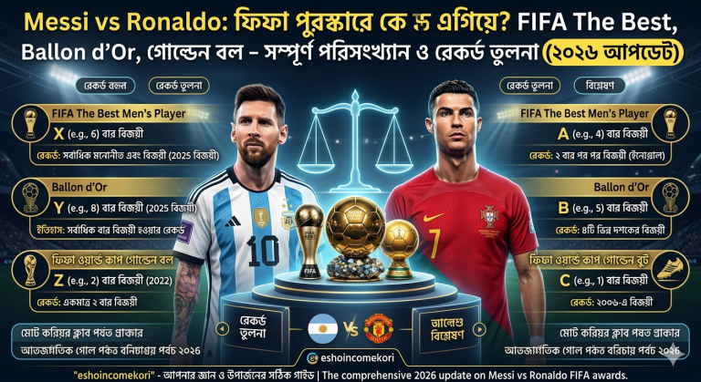 Messi vs Ronaldo: ফিফা পুরস্কারে কে এগিয়ে? FIFA The Best, Ballon d'Or, গোল্ডেন বল – সম্পূর্ণ পরিসংখ্যান ও রেকর্ড তুলনা (২০২৬ আপডেট) "eshoincomekori" এই টাইটেলের উপর ভিত্তি করে 1 টা ছবি বানিয়ে দেন?