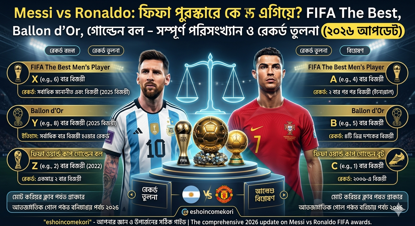 Messi vs Ronaldo: ফিফা পুরস্কারে কে এগিয়ে? FIFA The Best, Ballon d'Or, গোল্ডেন বল – সম্পূর্ণ পরিসংখ্যান ও রেকর্ড তুলনা (২০২৬ আপডেট) "eshoincomekori" এই টাইটেলের উপর ভিত্তি করে 1 টা ছবি বানিয়ে দেন?
