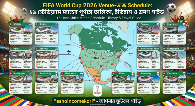  FIFA World Cup 2026 Schedule: তারিখ, ভেন্যু ও ম্যাচ ফরম্যাট – সম্পূর্ণ গাইডMeta  FIFA World Cup 2026 Schedule নিয়ে বিস্তারিত জানুন। কবে শুরু, কোথায় ফাইনাল, কতগুলো ম্যাচ এবং কীভাবে টিকিট পাবেন? বাংলাদেশ সময় অনুযায়ী আপডেট তথ্য।