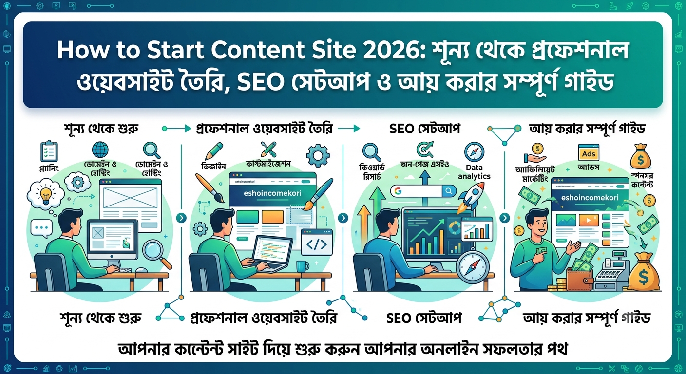 How to Start Content Site 2026: শূন্য থেকে প্রফেশনাল ওয়েবসাইট তৈরি, SEO সেটআপ ও আয় করার সম্পূর্ণ গাইড