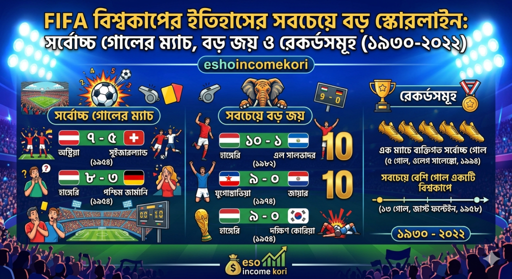 FIFA বিশ্বকাপের ইতিহাসের সবচেয়ে বড় স্কোরলাইন: সর্বোচ্চ গোলের ম্যাচ, বড় জয় ও রেকর্ডসমূহ (১৯৩০-২০২২)