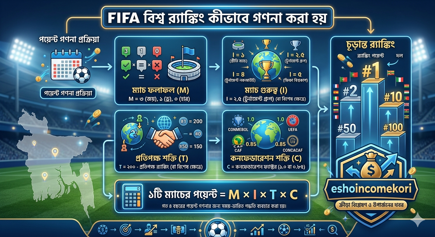 FIFA বিশ্ব র্যাঙ্কিং কীভাবে গণনা করা হয়? পয়েন্ট সূত্র, ম্যাচের গুরুত্ব, ইতিহাস ও বিতর্ক (২০২৫ আপডেট)