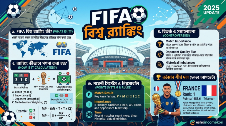 FIFA বিশ্ব র্যাঙ্কিং: কীভাবে গণনা করা হয়, পয়েন্ট সিস্টেম, বিতর্ক ও বর্তমান শীর্ষ দল (২০২৫ আপডেট)FIFA বিশ্ব র্যাঙ্কিং: কীভাবে গণনা করা হয়, পয়েন্ট সিস্টেম, বিতর্ক ও বর্তমান শীর্ষ দল (২০২৫ আপডেট)