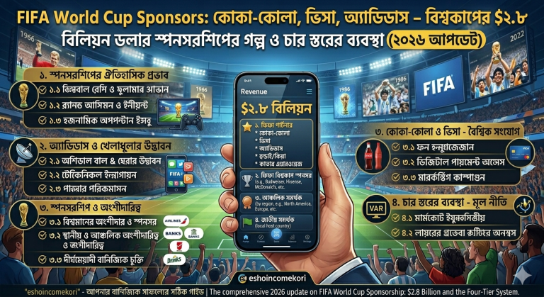 FIFA World Cup Sponsors: কোকা-কোলা, ভিসা, অ্যাডিডাস – বিশ্বকাপের $২.৮ বিলিয়ন ডলার স্পনসরশিপের গল্প ও চার স্তরের ব্যবস্থা (২০২৬ আপডেট)