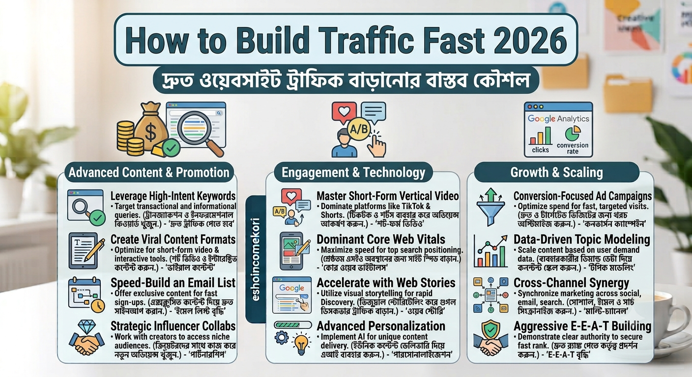 How to Build Traffic Fast 2026: দ্রুত ওয়েবসাইট ট্রাফিক বাড়ানোর বাস্তব কৌশল