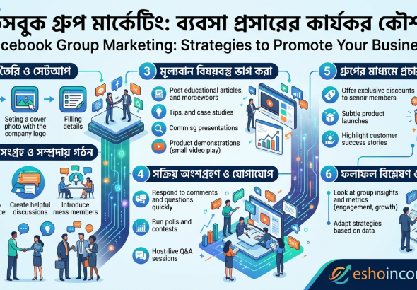 Facebook Group Marketing: Strategies to Promote Your Business ফেসবুক গ্রুপ মার্কেটিং: ব্যবসা প্রসারের কার্যকর কৌশল"eshoincomekori" এই টাইটেলের উপর ভিত্তি করে 1 টা ছবি বানিয়ে দেন?