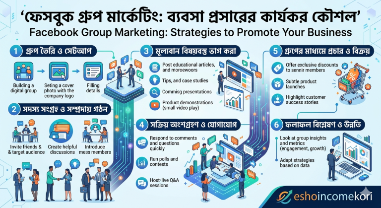 Facebook Group Marketing: Strategies to Promote Your Business ফেসবুক গ্রুপ মার্কেটিং: ব্যবসা প্রসারের কার্যকর কৌশল"eshoincomekori" এই টাইটেলের উপর ভিত্তি করে 1 টা ছবি বানিয়ে দেন?
