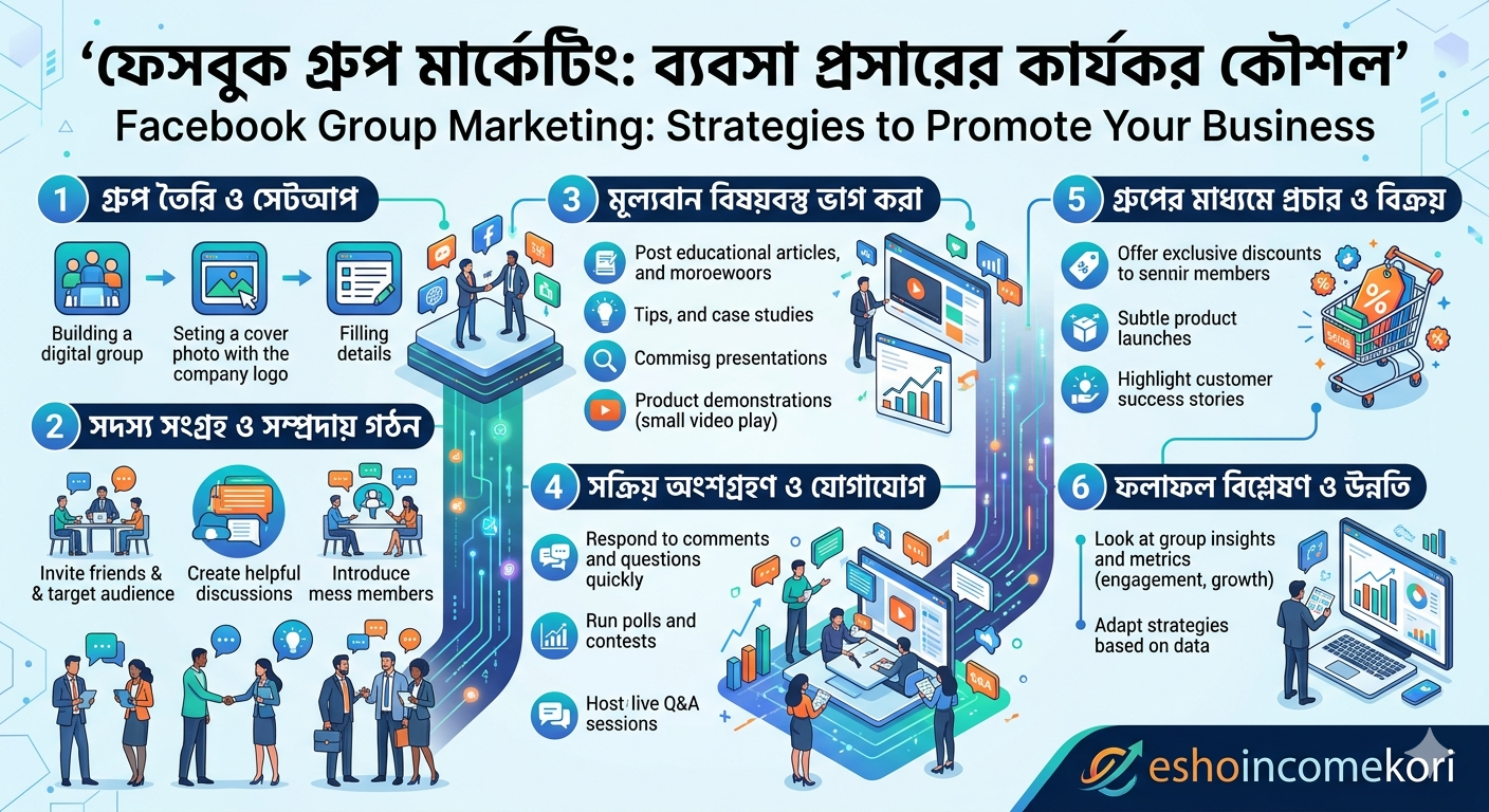 Facebook Group Marketing: Strategies to Promote Your Business ফেসবুক গ্রুপ মার্কেটিং: ব্যবসা প্রসারের কার্যকর কৌশল"eshoincomekori" এই টাইটেলের উপর ভিত্তি করে 1 টা ছবি বানিয়ে দেন?