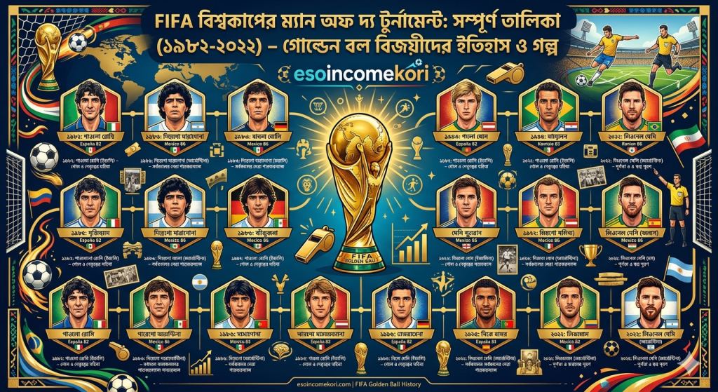 FIFA বিশ্বকাপের ম্যান অফ দ্য টুর্নামেন্ট: সম্পূর্ণ তালিকা (১৯৮২-২০২২) – গোল্ডেন বল বিজয়ীদের ইতিহাস ও গল্প