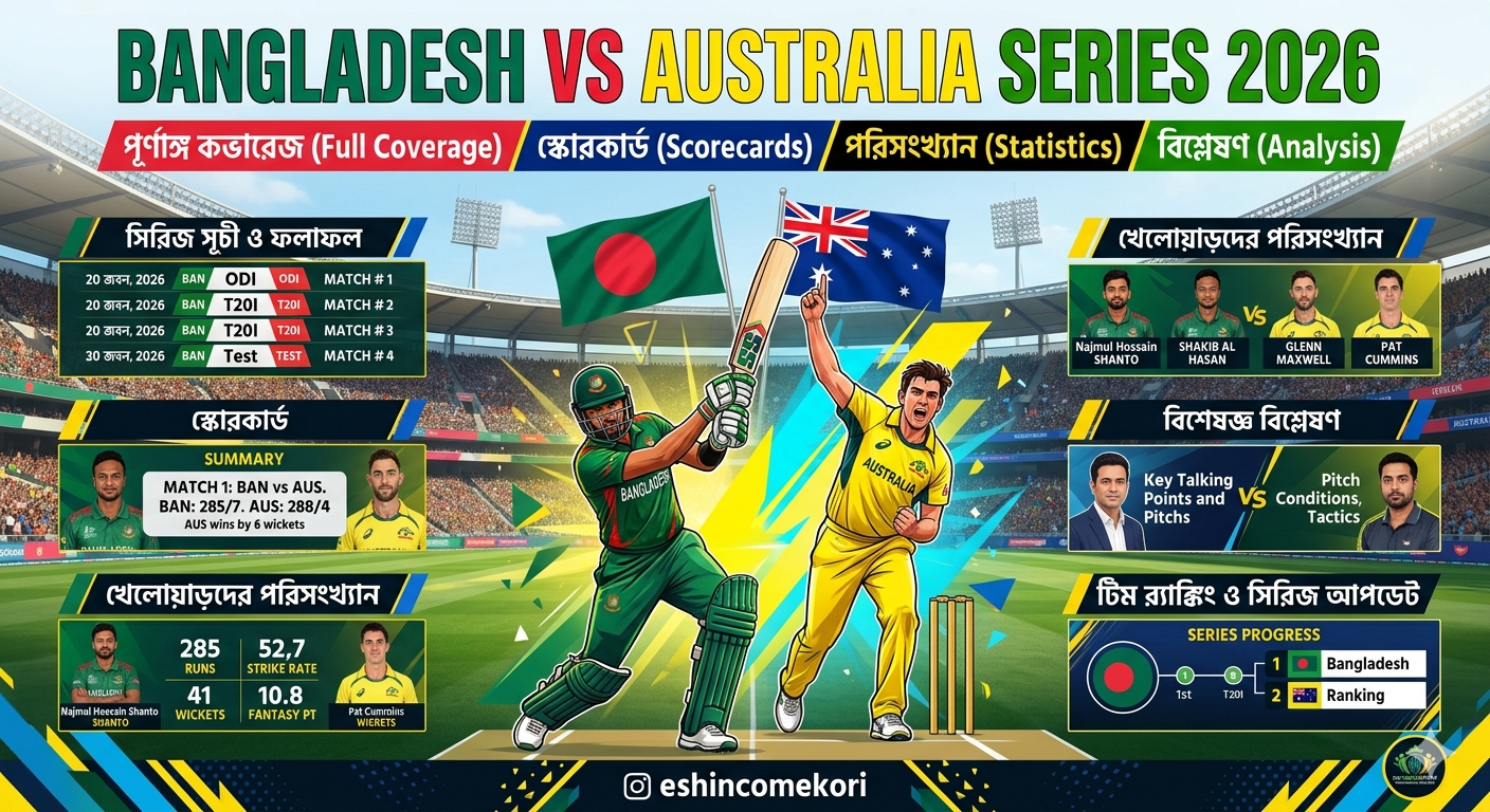 bangladesh vs australia series 2026: পূর্ণাঙ্গ কভারেজ, স্কোরকার্ড, পরিসংখ্যান ও বিশ্লেষণ