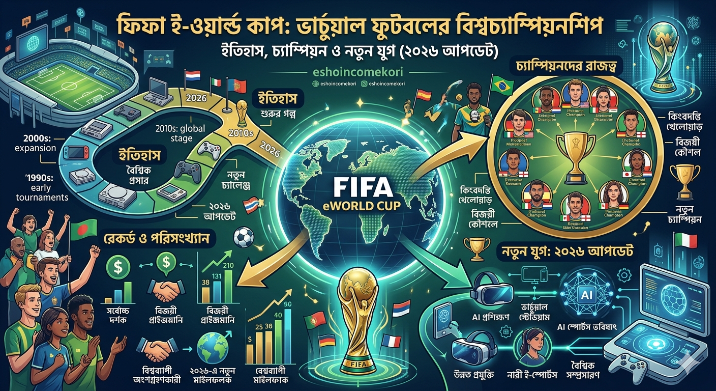 FIFA ই-ওয়ার্ল্ড কাপ: ভার্চুয়াল ফুটবলের বিশ্বচ্যাম্পিয়নশিপ – ইতিহাস, চ্যাম্পিয়ন ও নতুন যুগ (২০২৬ আপডেট)FIFA ই-ওয়ার্ল্ড কাপ: ভার্চুয়াল ফুটবলের বিশ্বচ্যাম্পিয়নশিপ – ইতিহাস, চ্যাম্পিয়ন ও নতুন যুগ (২০২৬ আপডেট)
