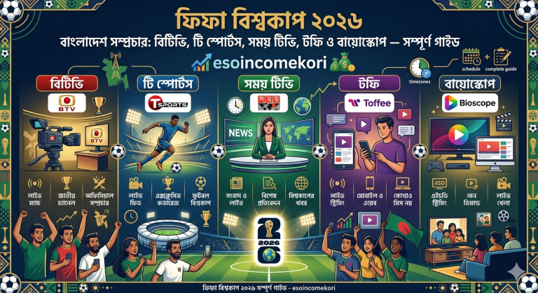 FIFA World Cup 2026 Bangladesh Broadcast: BTV, T Sports, Somoy TV, Toffee ও Bioscope – সম্পূর্ণ গাইডFIFA World Cup 2026 Bangladesh Broadcast: BTV, T Sports, Somoy TV, Toffee ও Bioscope – সম্পূর্ণ গাইড