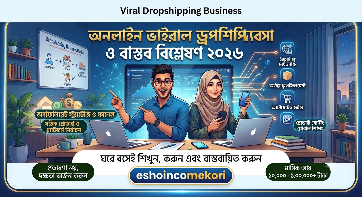 Viral dropshipping business অনলাইন ভাইরাল ড্রপশিপিং ব্যবসা ও বাস্তব বিশ্লেষণ ২০২৬বর্তমানে ইন্টারনেটে একটি খুব জনপ্রিয় বাক্য দেখা যাচ্ছে Viral dropshipping business এই ধরনের কনটেন্ট সাধারণত এমন অনলাইন ব্যবসার মডেলকে বোঝায় যেখানে স্টক না রেখেই প্রোডাক্ট বিক্রি করে ইনকাম করা হয় এবং এই ধারণা খুব দ্রুত সোশ্যাল মিডিয়ায় ভাইরাল হয়ে যায়