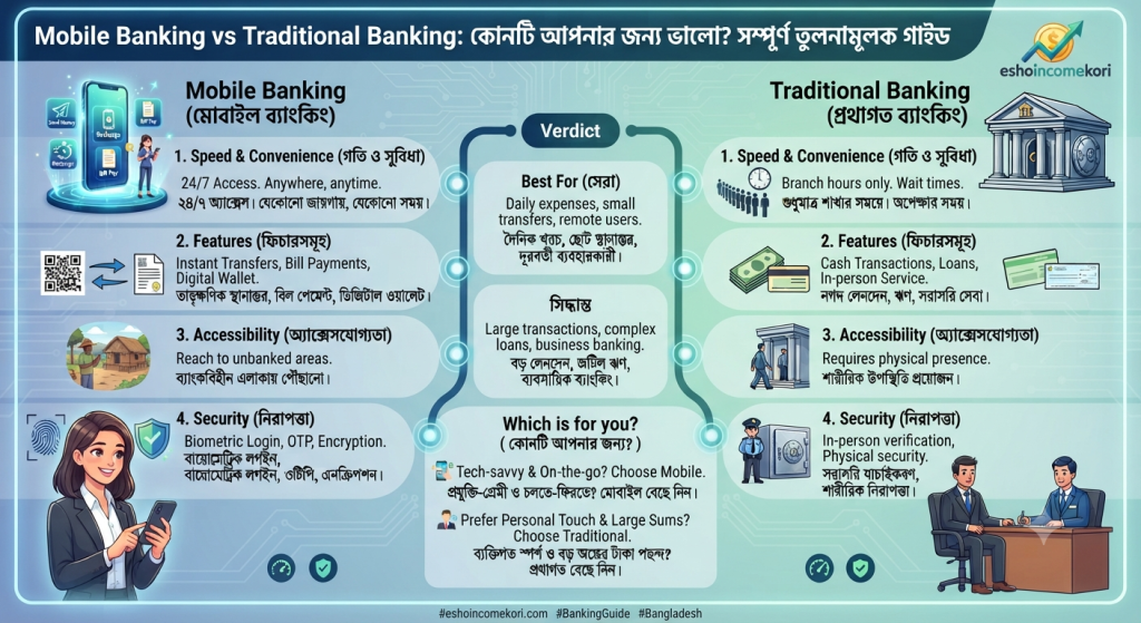 Mobile Banking vs Traditional Banking: কোনটি আপনার জন্য ভালো? সম্পূর্ণ তুলনামূলক গাইড