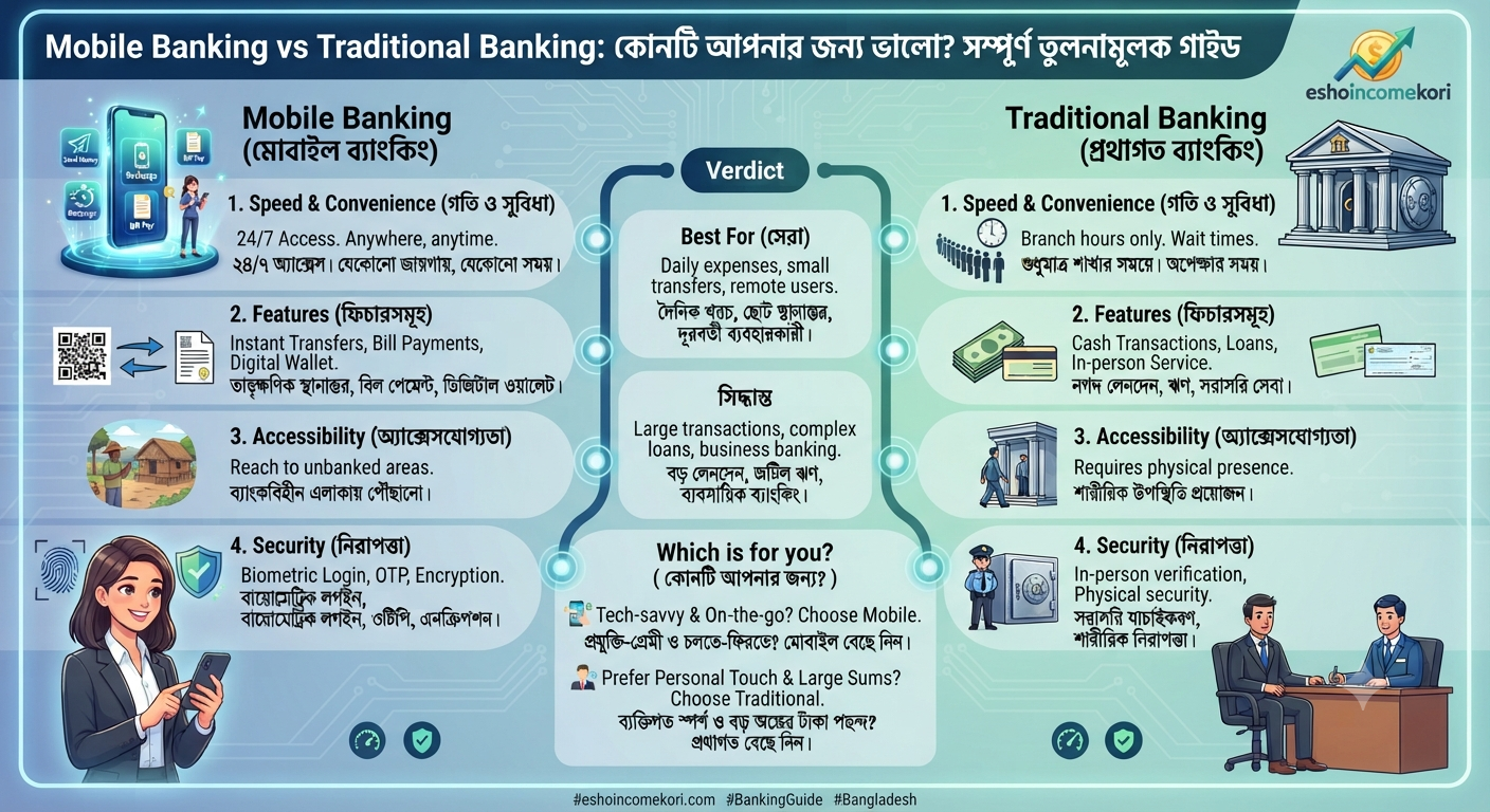 Mobile Banking vs Traditional Banking: কোনটি আপনার জন্য ভালো? সম্পূর্ণ তুলনামূলক গাইড