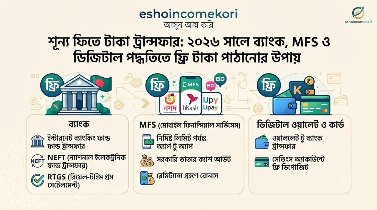 শূন্য ফিতে টাকা ট্রান্সফার: ২০২৬ সালে ব্যাংক, MFS ও ডিজিটাল পদ্ধতিতে ফ্রি টাকা পাঠানোর উপায় | Zero Fee Money Transfer