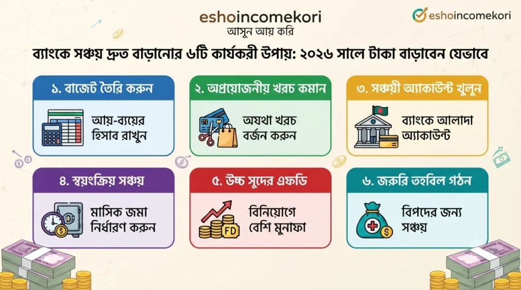 ব্যাংকে সঞ্চয় দ্রুত বাড়ানোর ৬টি কার্যকরী উপায়: ২০২৬ সালে টাকা বাড়াবেন যেভাবে | Increase Bank Savings Fast
