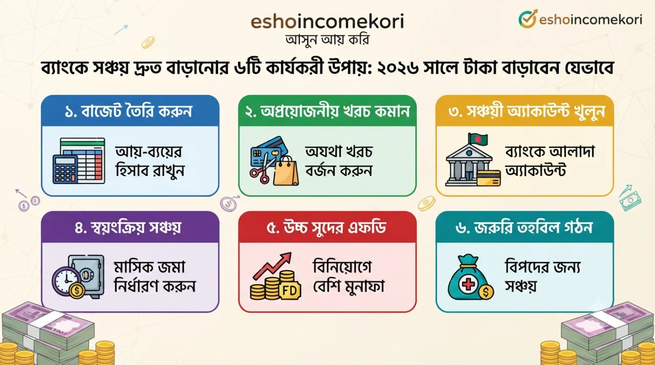 ব্যাংকে সঞ্চয় দ্রুত বাড়ানোর ৬টি কার্যকরী উপায়: ২০২৬ সালে টাকা বাড়াবেন যেভাবে | Increase Bank Savings Fast
