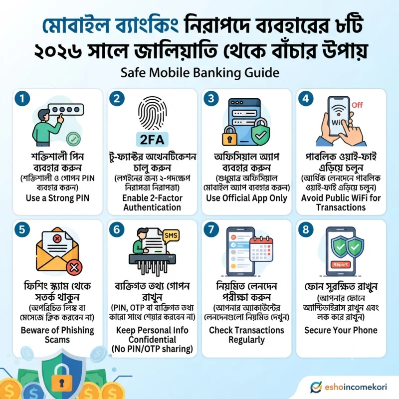 মোবাইল ব্যাংকিং নিরাপদে ব্যবহারের ৮টি গুরুত্বপূর্ণ টিপস: ২০২৬ সালে জালিয়াতি থেকে বাঁচার উপায় | Safe Mobile Banking Guide