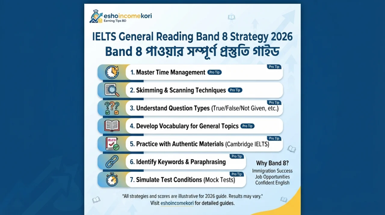 IELTS General Reading Band 8 Strategy 2026 – Band 8 পাওয়ার সম্পূর্ণ প্রস্তুতি গাইড