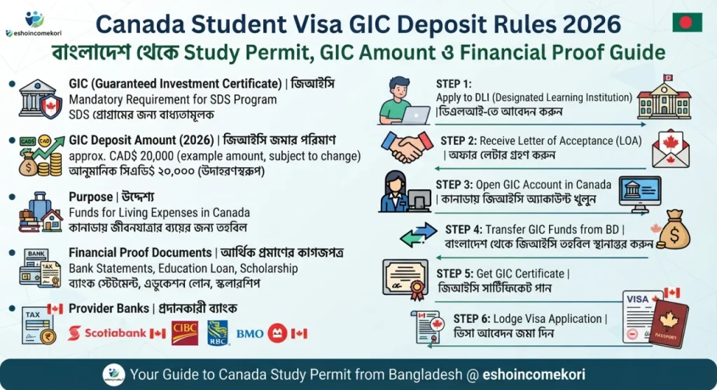Canada Student Visa GIC Deposit Rules 2026 – বাংলাদেশ থেকে Study Permit, GIC Amount ও Financial Proof Guide