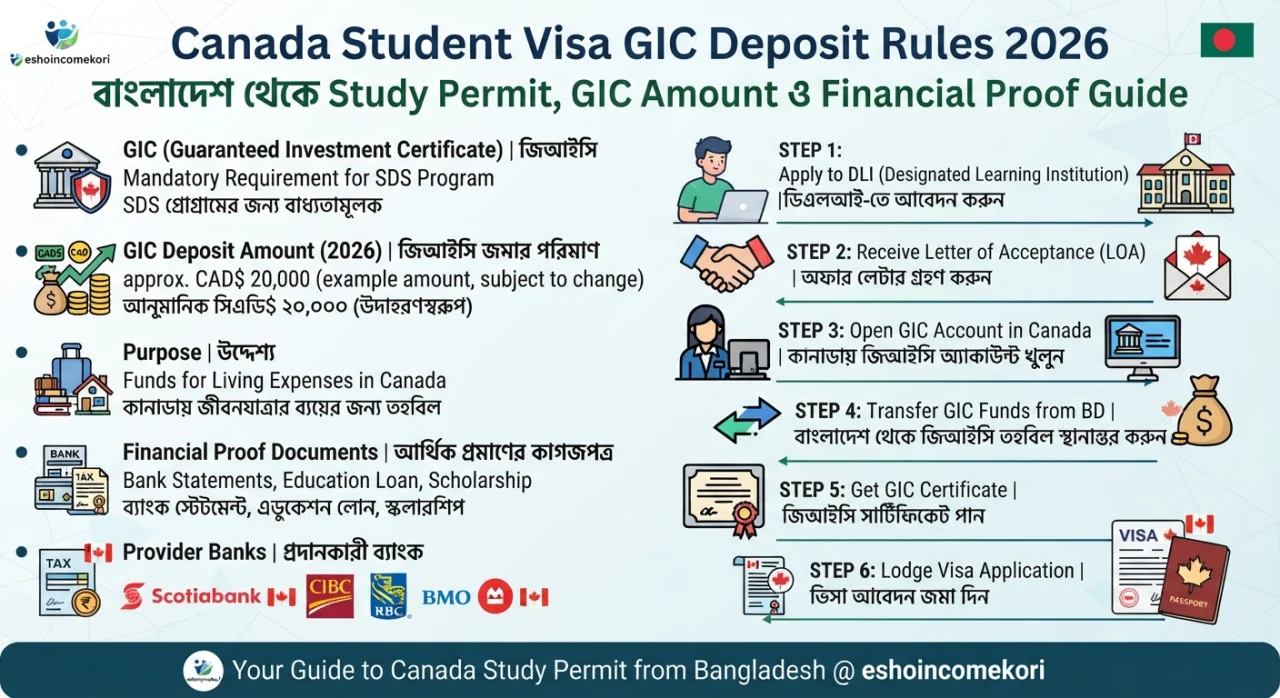 Canada Student Visa GIC Deposit Rules 2026 – বাংলাদেশ থেকে Study Permit, GIC Amount ও Financial Proof Guide