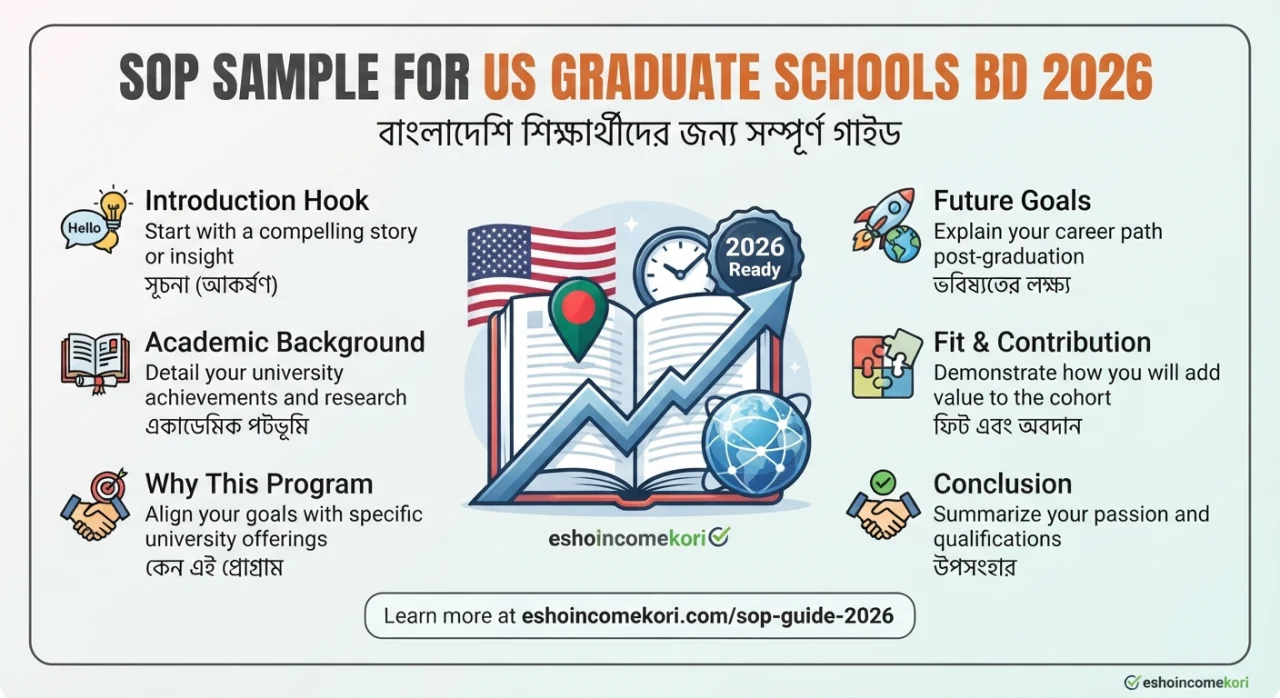 SOP Sample for US Graduate Schools BD 2026 – USA University SOP লেখার সম্পূর্ণ গাইড SOP Sample for US Graduate Schools BD 2026 দেখুন। USA graduate admission-এর জন্য Statement of Purpose structure, sample, tips ও common mistakes জানুন।