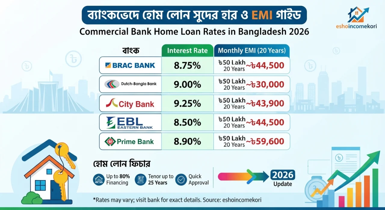 Commercial Bank Home Loan Rates in Bangladesh 2026 – ব্যাংকভেদে হোম লোন সুদের হার ও EMI গাইড